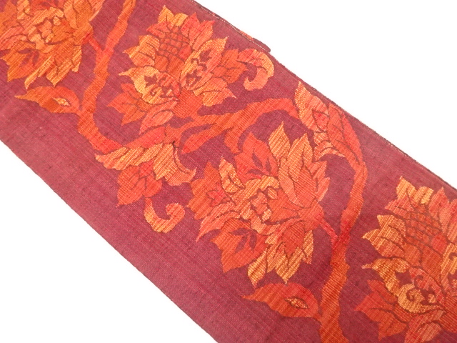 手織り真綿紬　花唐草模様織り出し　名古屋帯